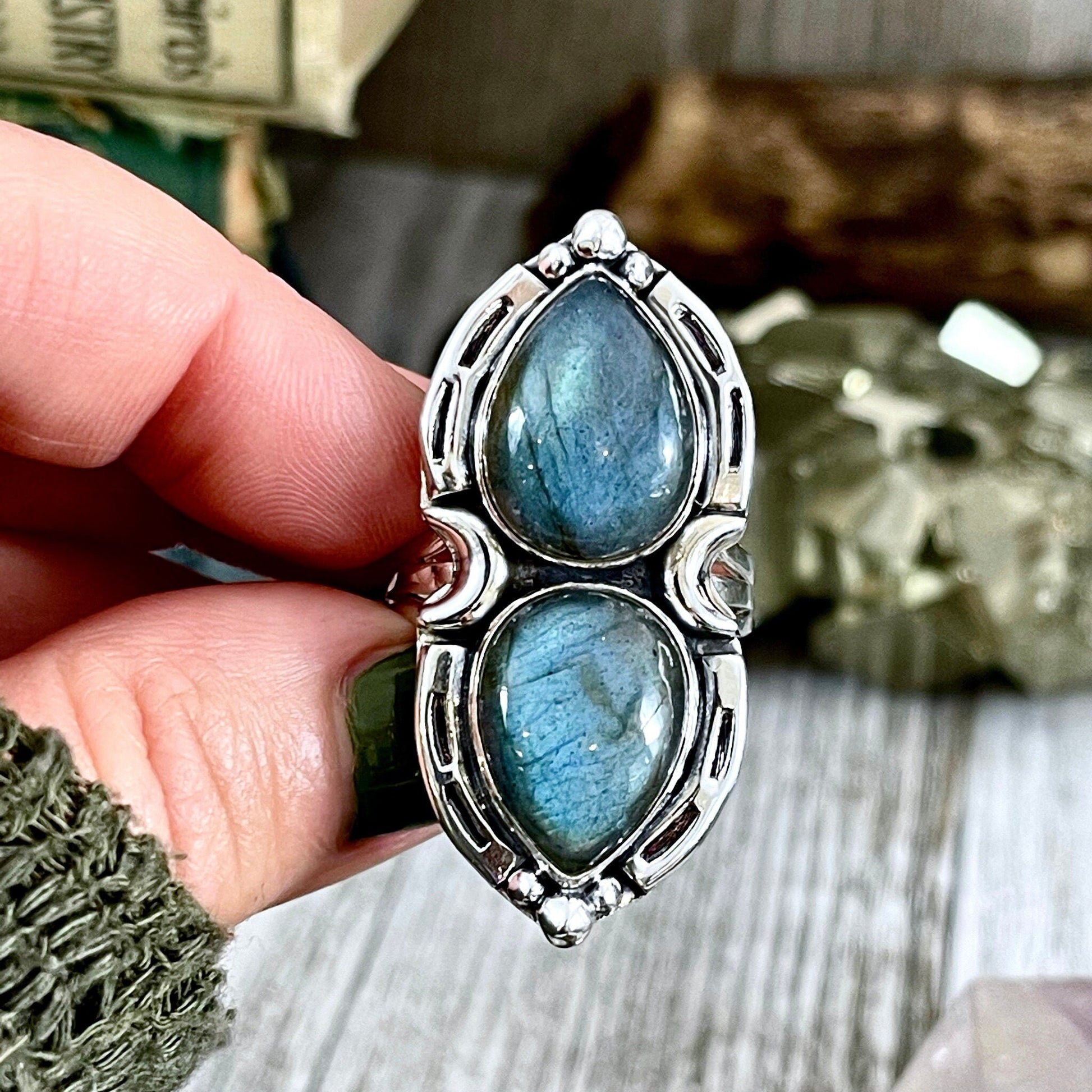 Mystic Moons Labradorite Crystal Ring Sterling Silver Designed FOXLARK Collection Size 6 7 8 9 10 / Big Crystal Ring Witchy Jewelry.