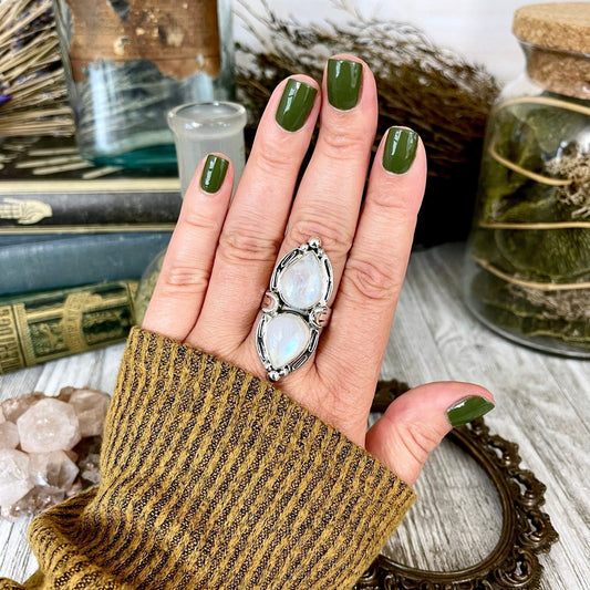 Mystic Moons Rainbow Moonstone Crystal Ring in Solid Sterling Silver- Designed by FOXLARK Collection Size 5 6 7 8 9 10 11 / Gothic Jewelry - Foxlark Crystal Jewelry