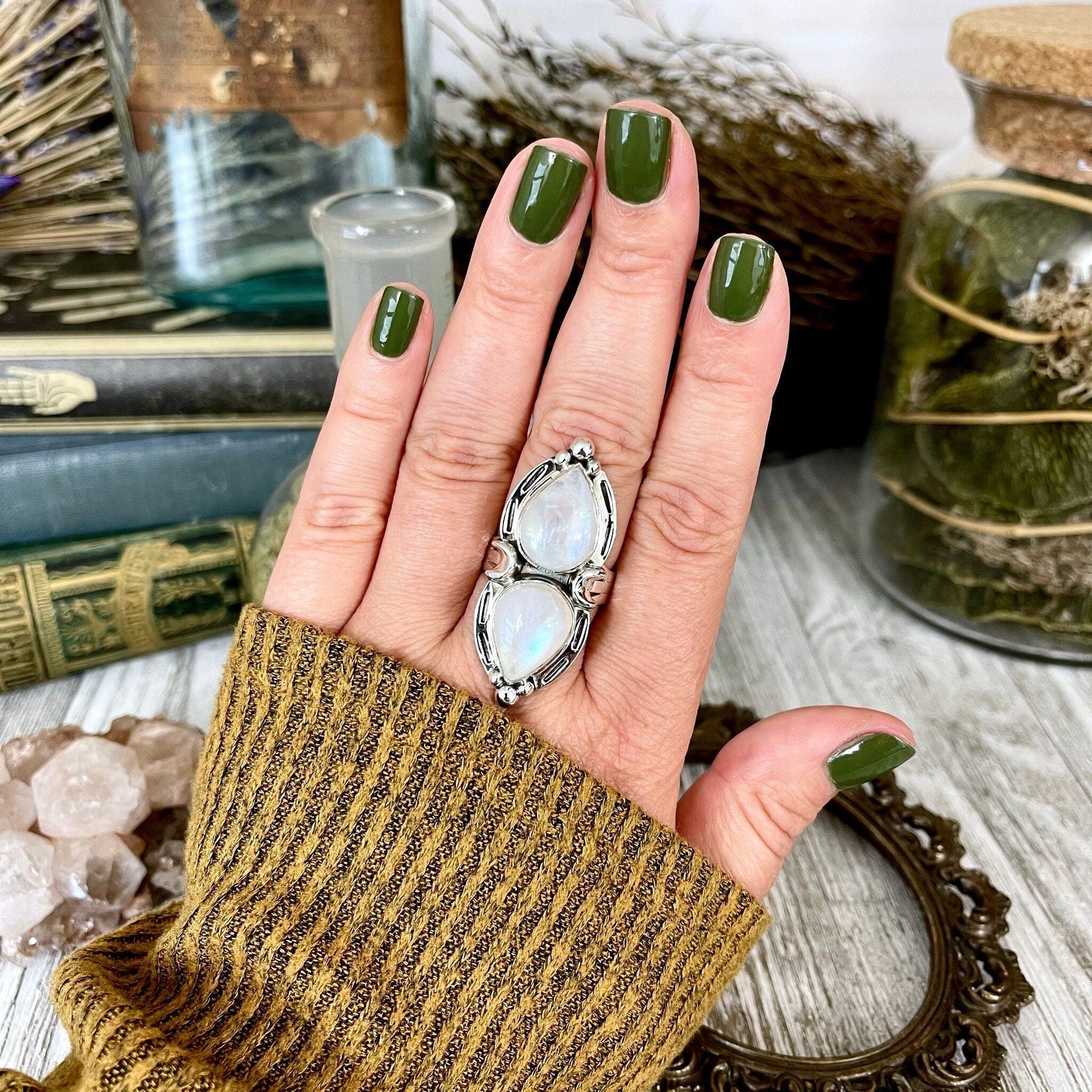 Mystic Moons Rainbow Moonstone Crystal Ring in Solid Sterling Silver- Designed by FOXLARK Collection Size 5 6 7 8 9 10 11 / Gothic Jewelry.