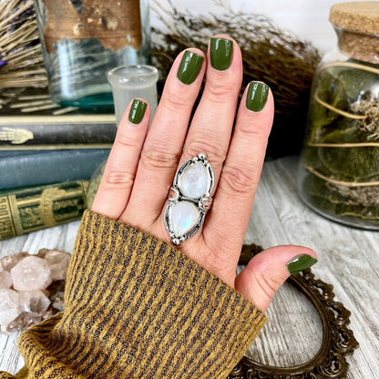 Mystic Moons Rainbow Moonstone Crystal Ring in Solid Sterling Silver- Designed by FOXLARK Collection Size 5 6 7 8 9 10 11 / Gothic Jewelry.