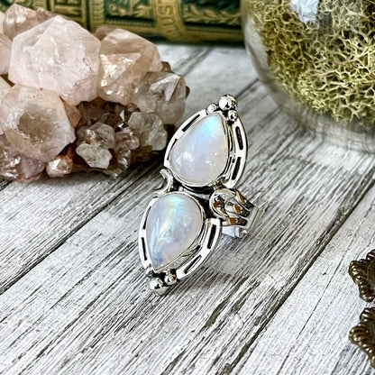 Mystic Moons Rainbow Moonstone Crystal Ring in Solid Sterling Silver- Designed by FOXLARK Collection Size 5 6 7 8 9 10 11 / Gothic Jewelry.