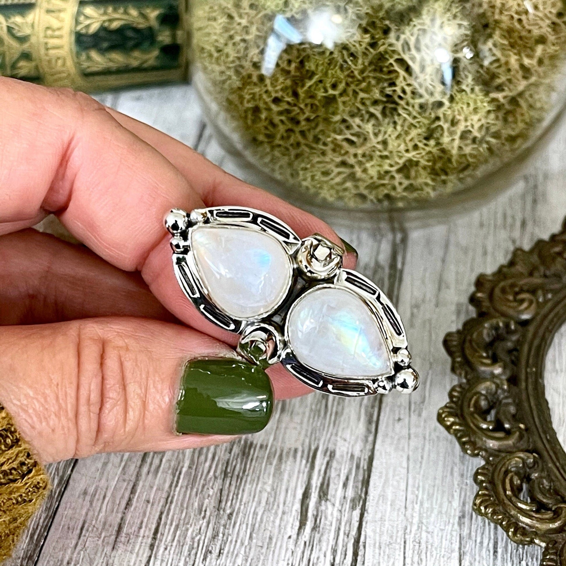 Mystic Moons Rainbow Moonstone Crystal Ring in Solid Sterling Silver- Designed by FOXLARK Collection Size 5 6 7 8 9 10 11 / Gothic Jewelry.