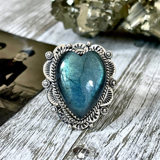 Labradorite Heart Crystal Statement Ring in Sterling Silver 925 - Adjustable to Size 6 7 8 9 - Designed by FOXLARK Collection - Foxlark Crystal Jewelry