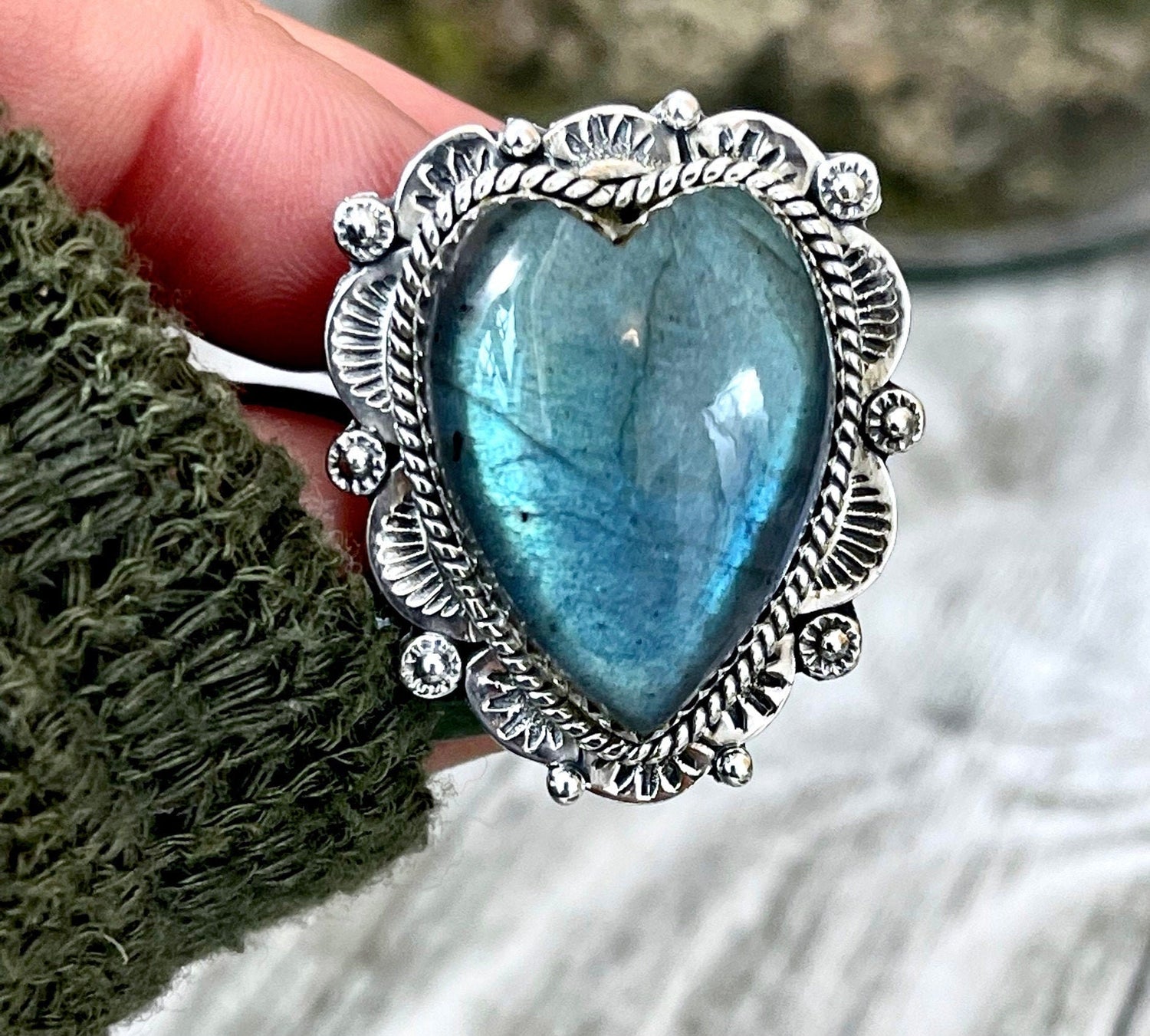 Labradorite Heart Crystal Statement Ring in Sterling Silver 925 - Adjustable - Designed by FOXLARK Collection Adjusts to Size 6,7,8,9, or 10