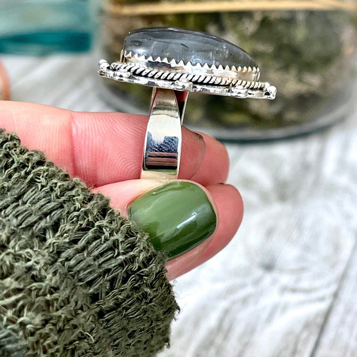Labradorite Heart Crystal Statement Ring in Sterling Silver 925 - Adjustable - Designed by FOXLARK Collection Adjusts to Size 6,7,8,9, or 10