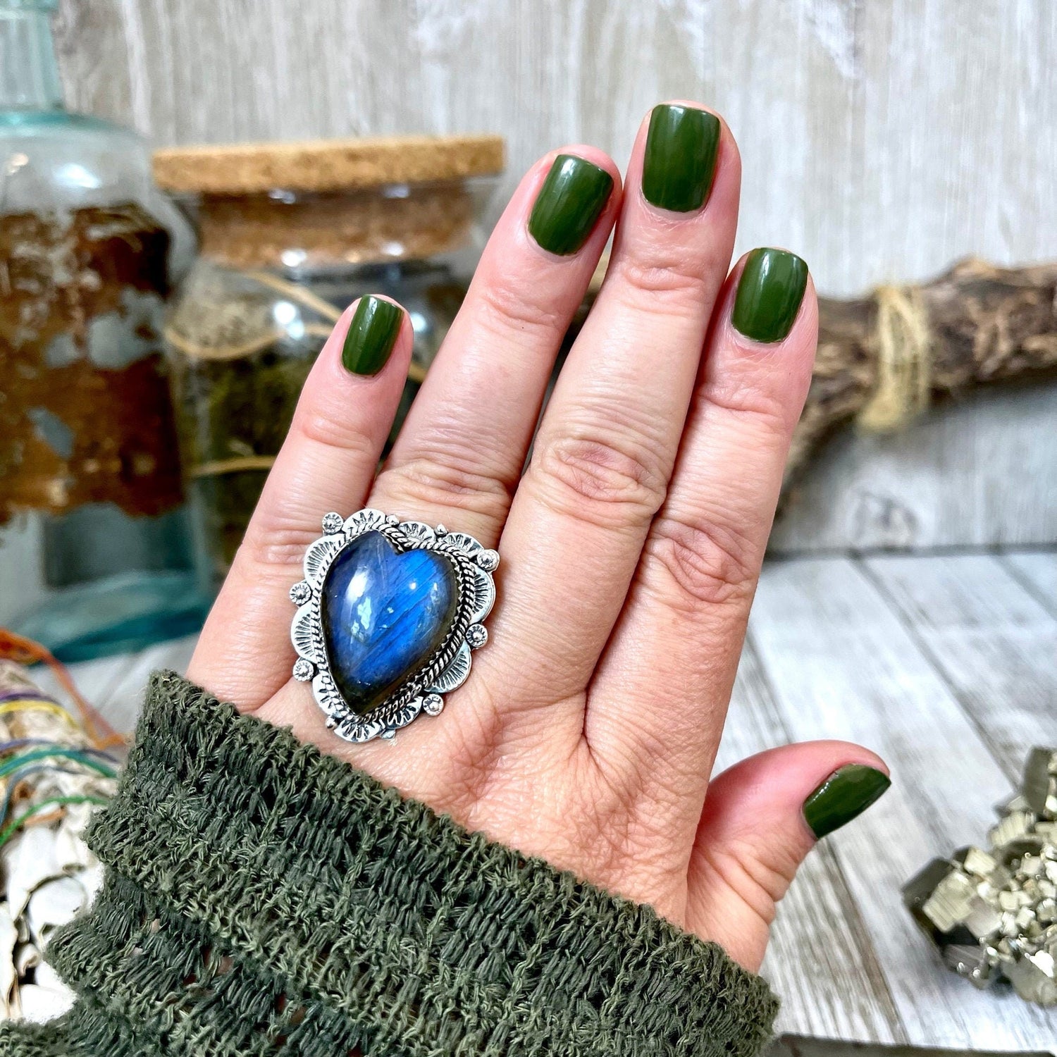 Labradorite Heart Crystal Statement Ring in Sterling Silver 925 - Adjustable - Designed by FOXLARK Collection Adjusts to Size 6,7,8,9, or 10