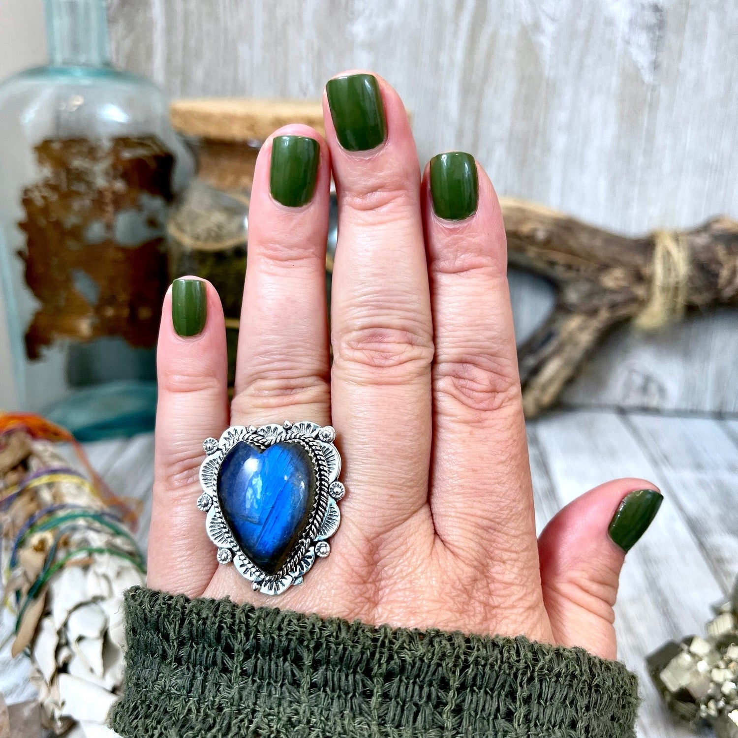 Labradorite Heart Crystal Statement Ring in Sterling Silver 925 - Adjustable - Designed by FOXLARK Collection Adjusts to Size 6,7,8,9, or 10