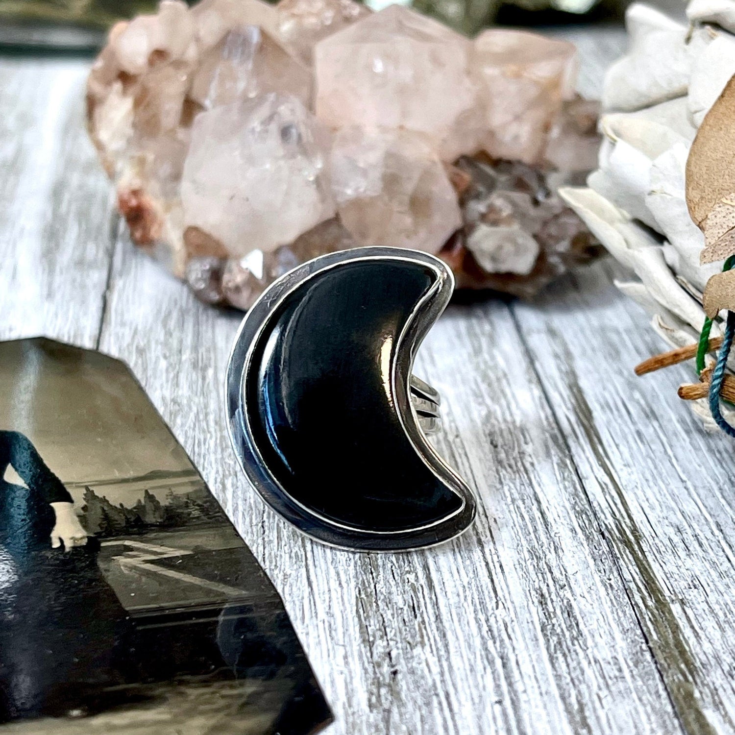 Crescent Moon Black Onyx Crystal Statement Ring in Sterling Silver- Designed by FOXLARK Collection Size 5 6 7 8 9 10 11