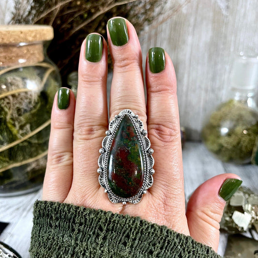 Bloodstone Teardrop Crystal Statement Ring Sterling Silver- Designed by FOXLARK Collection Adjustable Size- Adjustable to Size 6 7 8 9 - Foxlark Crystal Jewelry