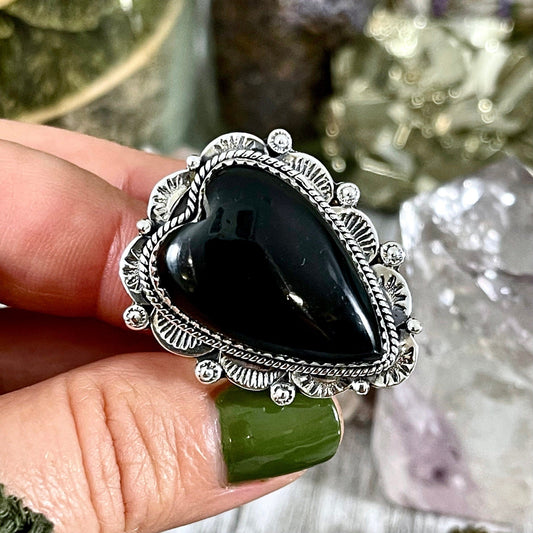 Black Onyx Heart Crystal Statement Ring in Sterling Silver- Designed by FOXLARK Collection Adjusts to size 6,7,8,9, or 10 / Gothic Jewelry - Foxlark Crystal Jewelry