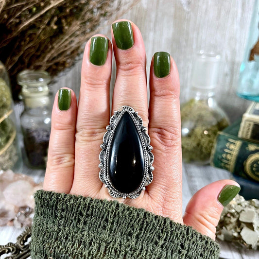 Black Onyx Teardrop Crystal Statement Ring in Sterling Silver- Designed by FOXLARK Collection Adjusts to size 6,7,8,9, or 10 - Foxlark Crystal Jewelry