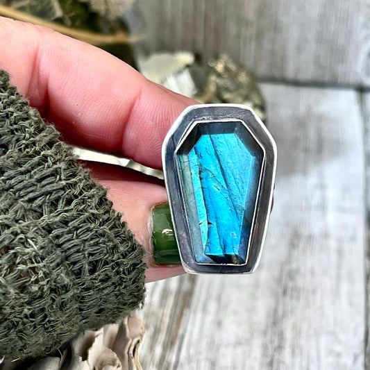 Labradorite Coffin Ring in Solid Sterling Silver- Designed by FOXLARK Collection Size 6 7 8 9 10 / Big Crystal Ring Witchy Jewelry - Foxlark Crystal Jewelry