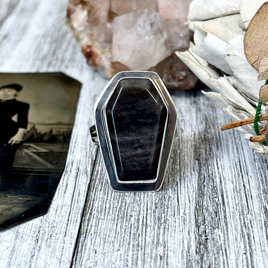 Silver Sheen Obsidian Coffin Ring in Solid Sterling Silver- Designed by FOXLARK Collection Size 6 7 8 9 10 / Big Crystal Ring Witchy Jewelry - Foxlark Crystal Jewelry