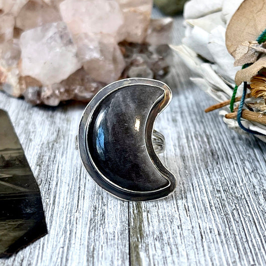 Crescent Moon Silver Sheen Obsidian Crystal Ring in Sterling Silver- Designed by FOXLARK Collection Size 5 6 7 8 9 10 11 / Gothic Jewelry - Foxlark Crystal Jewelry