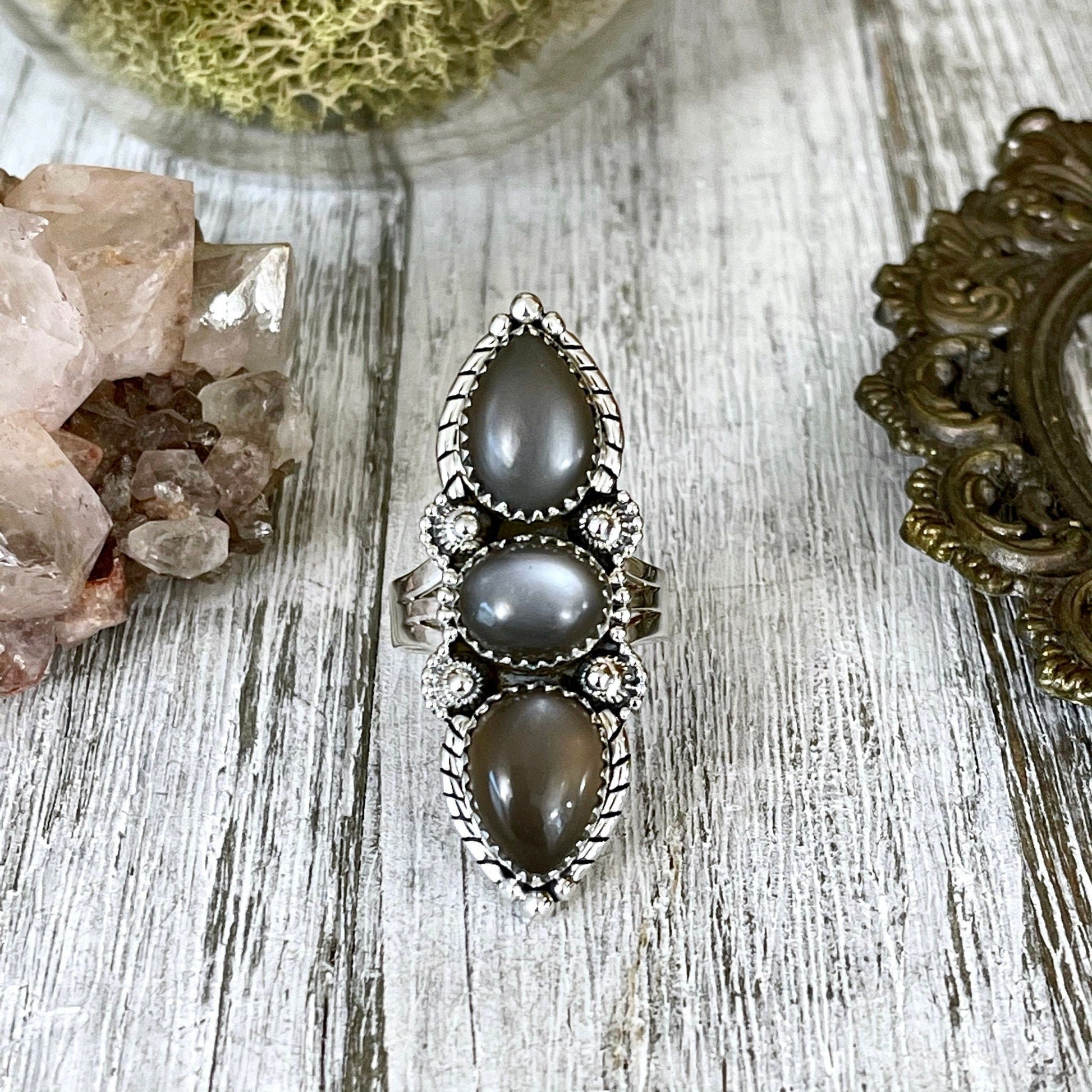 Three Stone Grey Moonstone Ring in Solid Sterling Silver- Designed by FOXLARK Collection Size 5 6 7 8 9 10 11 / Gothic Jewelry - Foxlark Crystal Jewelry