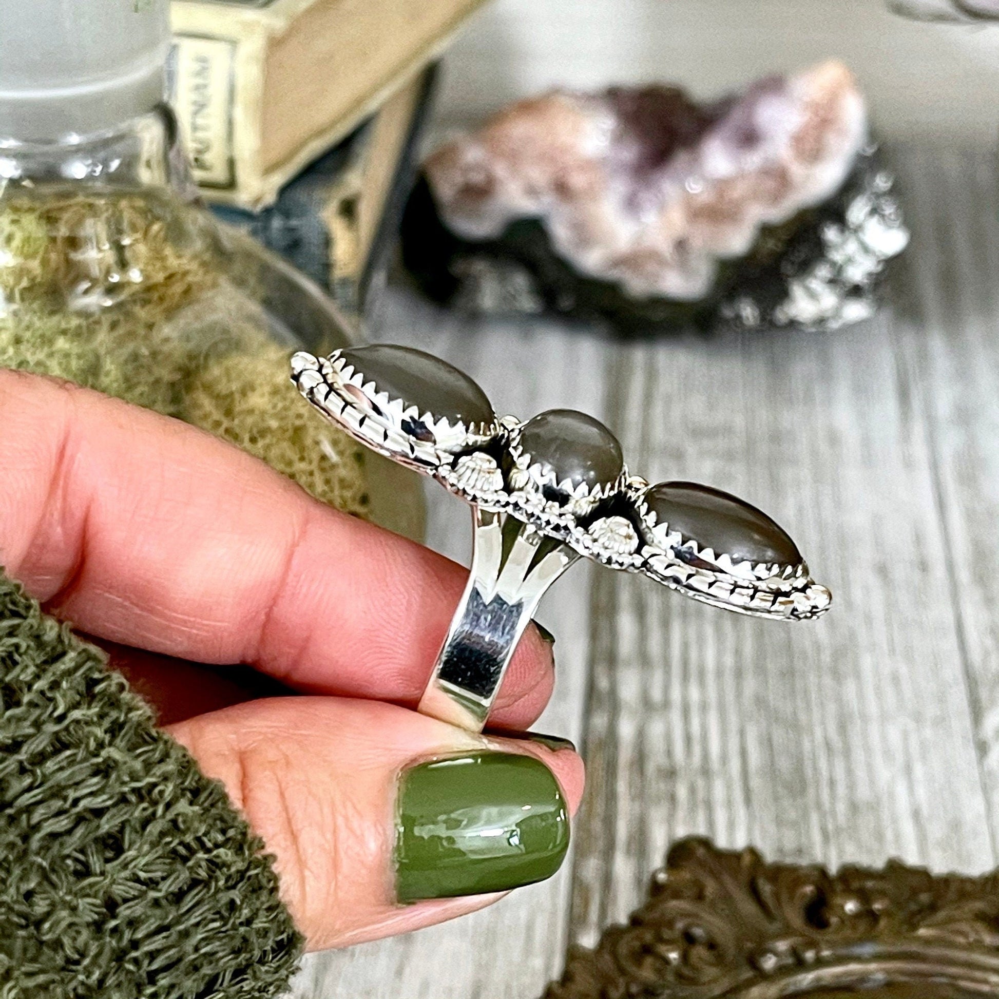 Three Stone Grey Moonstone Ring in Solid Sterling Silver- Designed by FOXLARK Collection Size 5 6 7 8 9 10 11 / Gothic Jewelry - Foxlark Crystal Jewelry