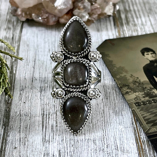 Triple Stone Silver Sheen Obsidian Ring in Solid Sterling Silver- Designed by FOXLARK Collection Size 5 6 7 8 9 10 11 / Gothic Jewelry - Foxlark Crystal Jewelry