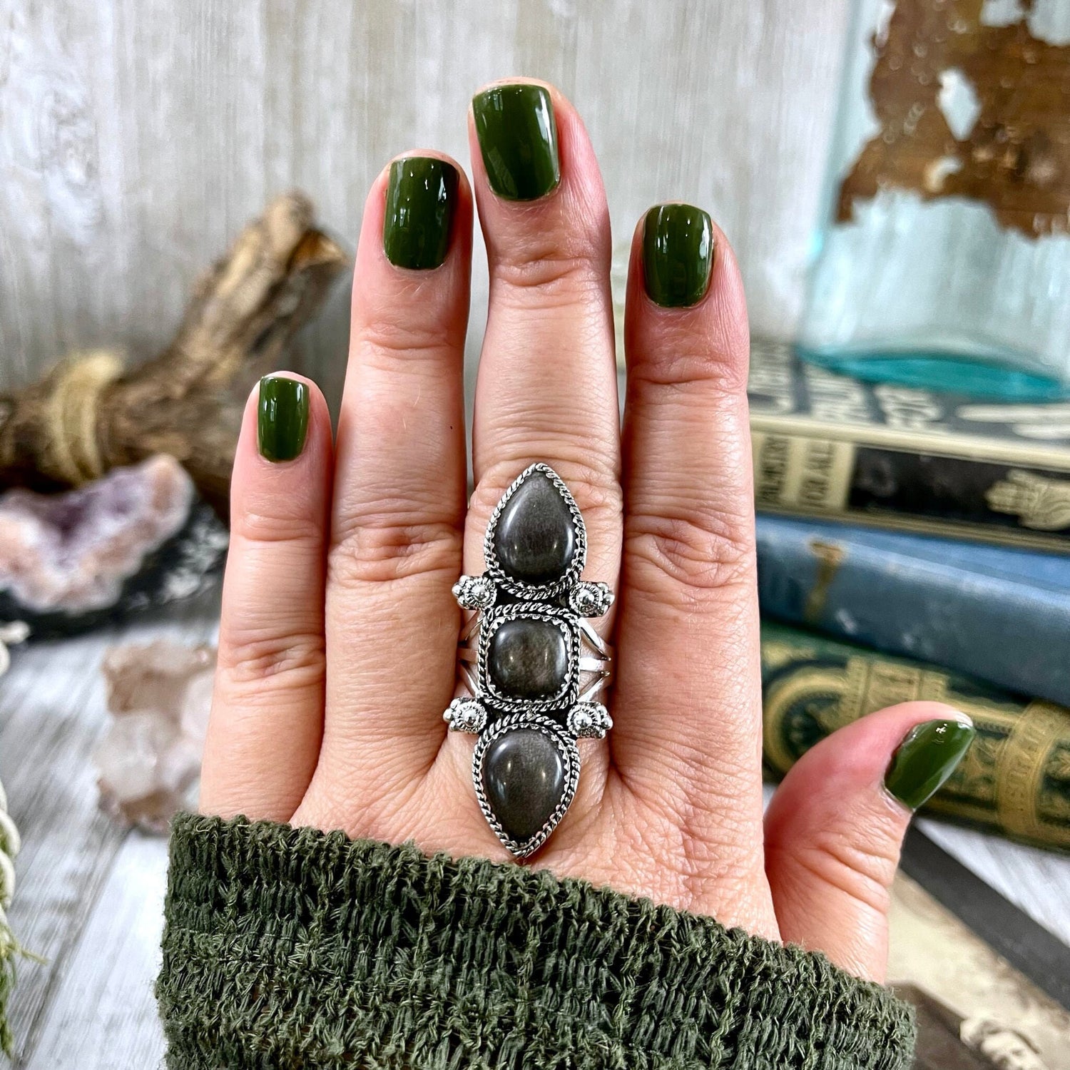 Triple Stone Silver Sheen Obsidian Ring in Solid Sterling Silver- Designed by FOXLARK Collection Size 5 6 7 8 9 10 11