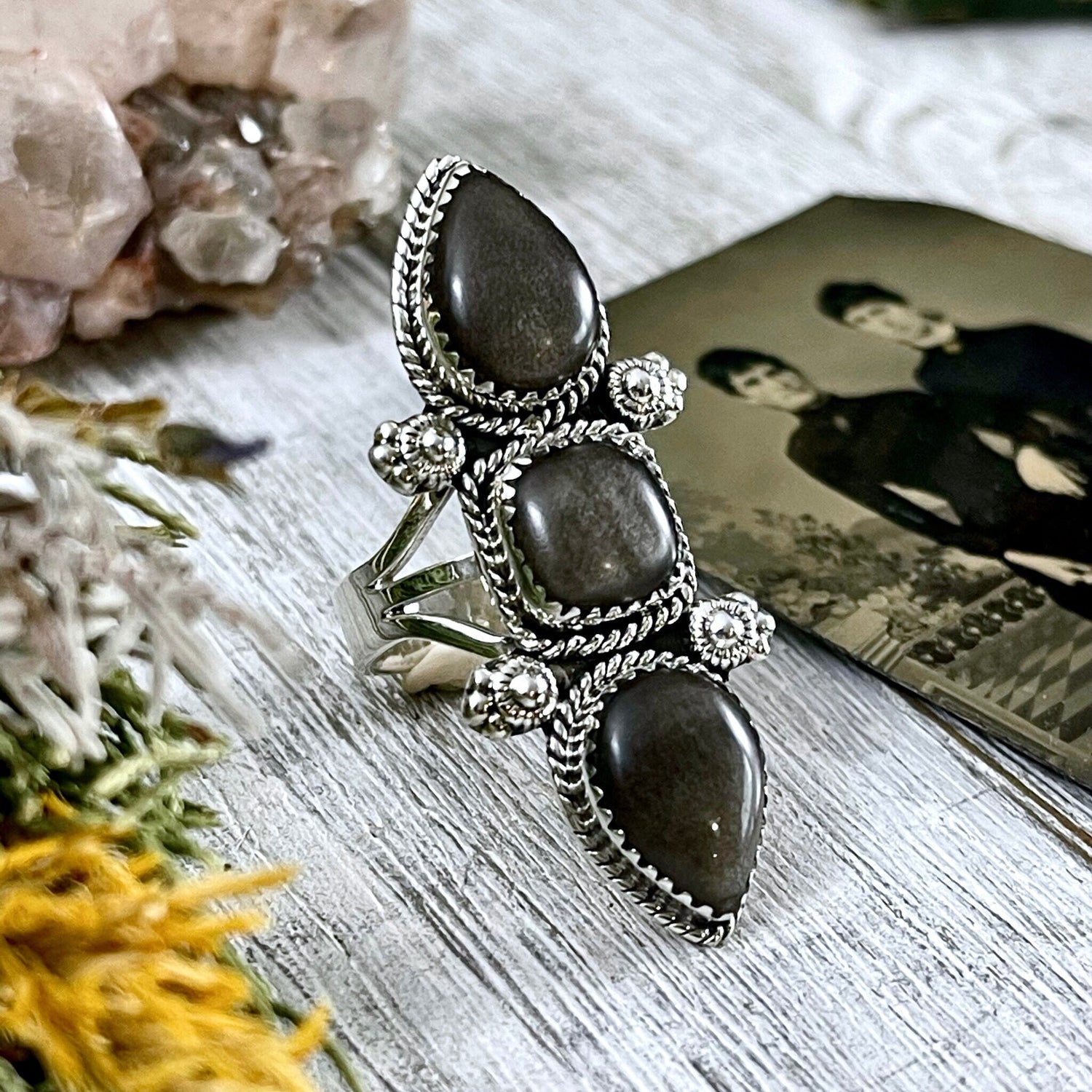 Triple Stone Silver Sheen Obsidian Ring in Solid Sterling Silver- Designed by FOXLARK Collection Size 5 6 7 8 9 10 11