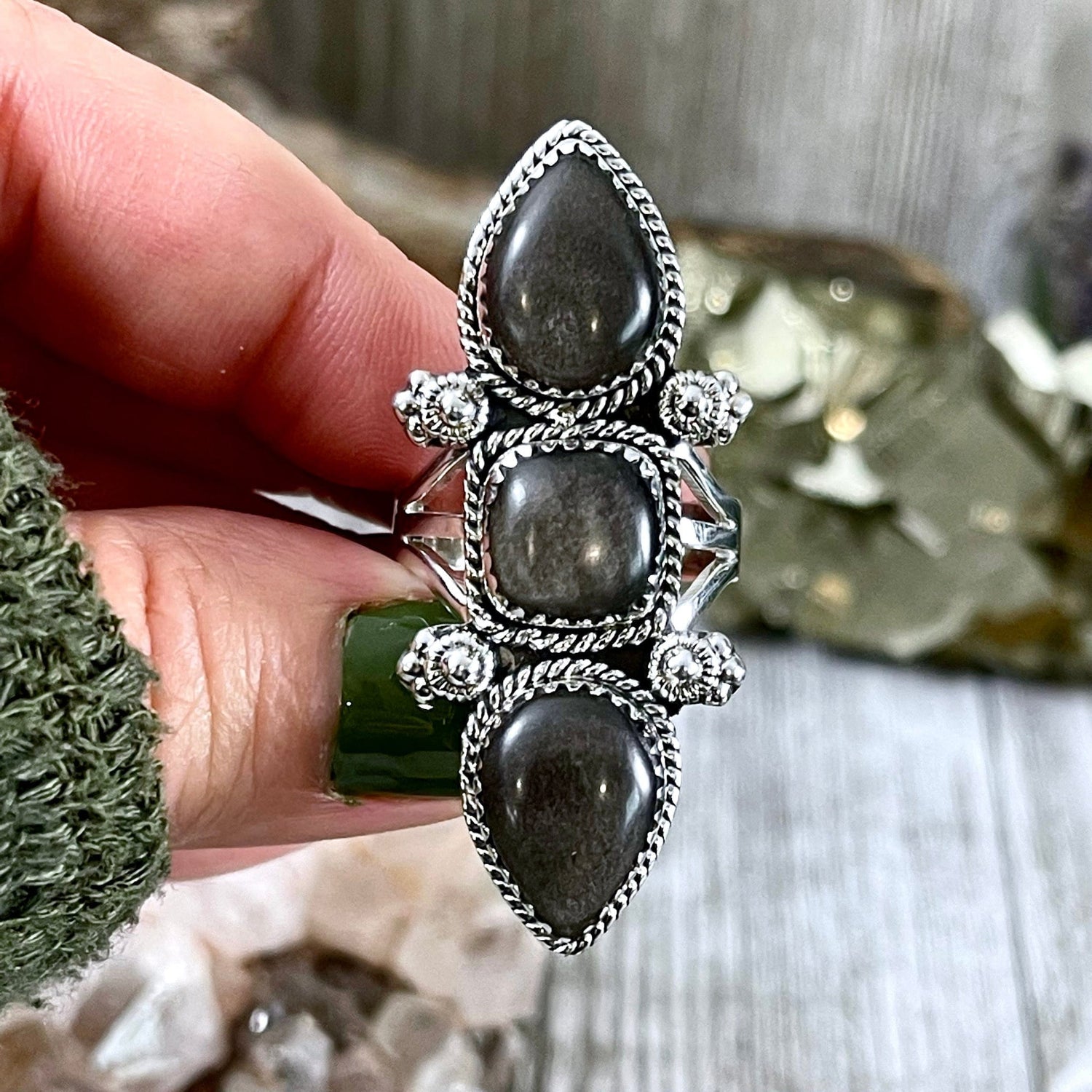 Triple Stone Silver Sheen Obsidian Ring in Solid Sterling Silver- Designed by FOXLARK Collection Size 5 6 7 8 9 10 11