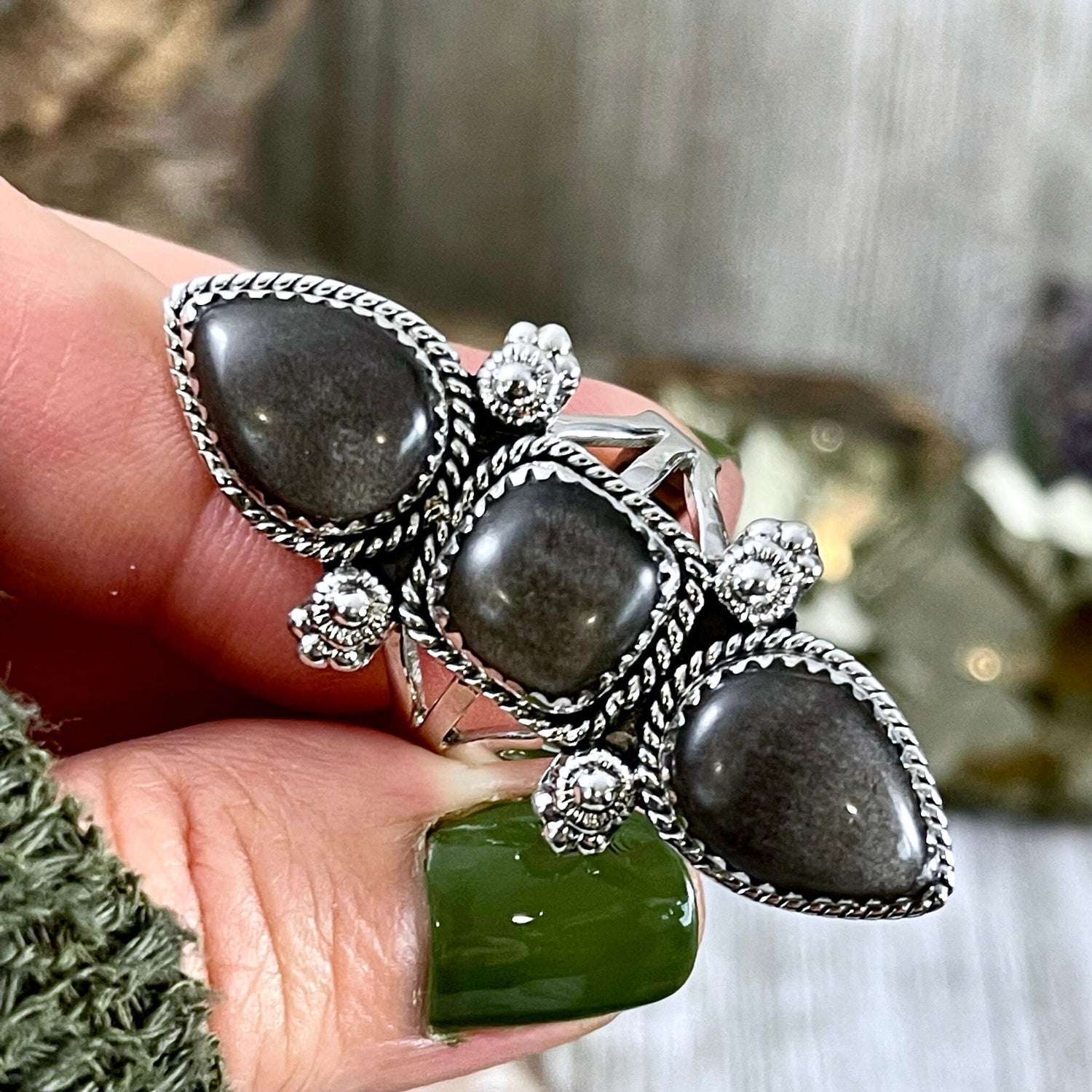 Triple Stone Silver Sheen Obsidian Ring in Solid Sterling Silver- Designed by FOXLARK Collection Size 5 6 7 8 9 10 11