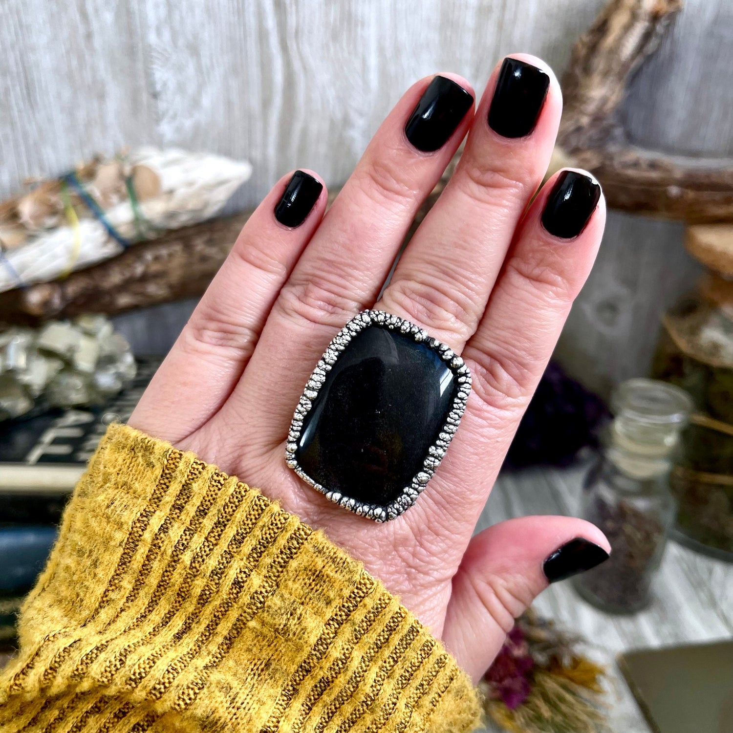 Size 9 Silver Sheen Obsidian Statement Ring in fine Silver / Foxlark Collection - One of a Kind