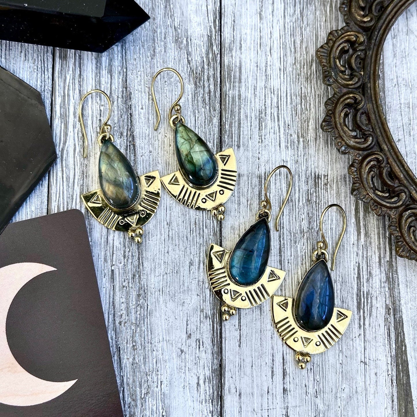 Etched Brass and Labradorite Shield Earrings