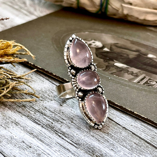 3 Stone Ring, Adjustable Ring, Big Crystal Ring, Big Stone Ring, Bohemian Ring, Boho Jewelry, Boho Ring, Etsy ID: 1319737114, Festival Jewelry, Foxlark Alchemy, Foxlark- Rings, Gift For Woman, Jewelry, Pink Crystal Jewelry, Rings, Rose Quartz Ring, Statem