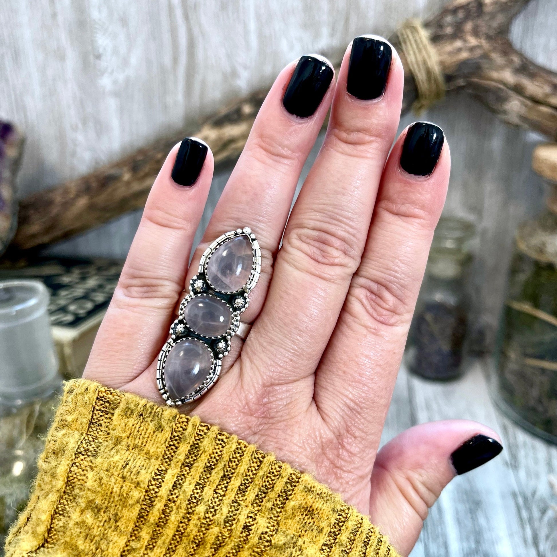 Three Stone Pink Rose Quartz Crystal Ring in Solid Sterling Silver- Designed by FOXLARK Collection Adjustable to Size 6 7 8 9.