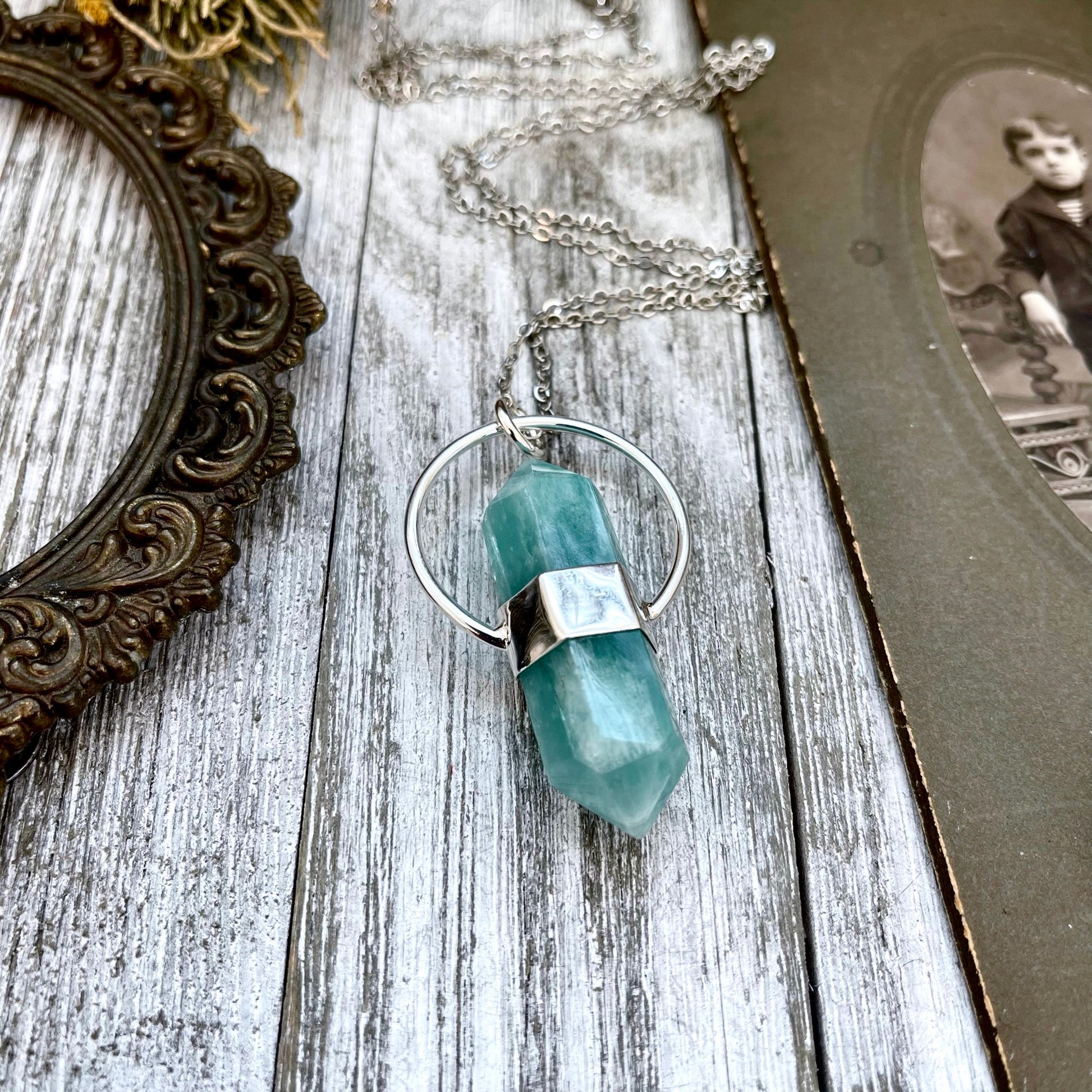Blue Amazonite Crystal Point Necklace in Sterling Silver -Designed by FOXLARK Collection - Foxlark Crystal Jewelry