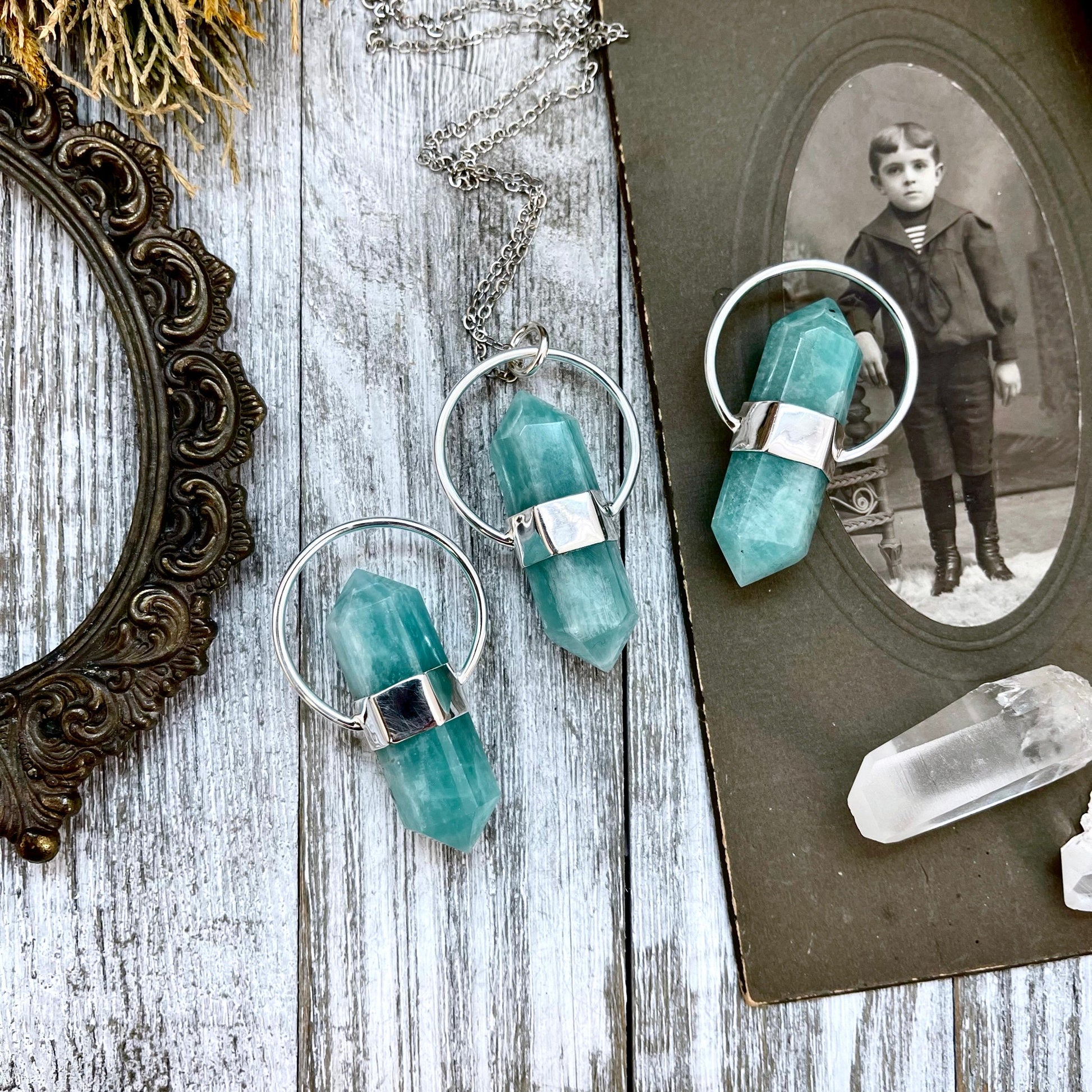 Blue Amazonite Crystal Point Necklace in Sterling Silver -Designed by FOXLARK Collection - Foxlark Crystal Jewelry