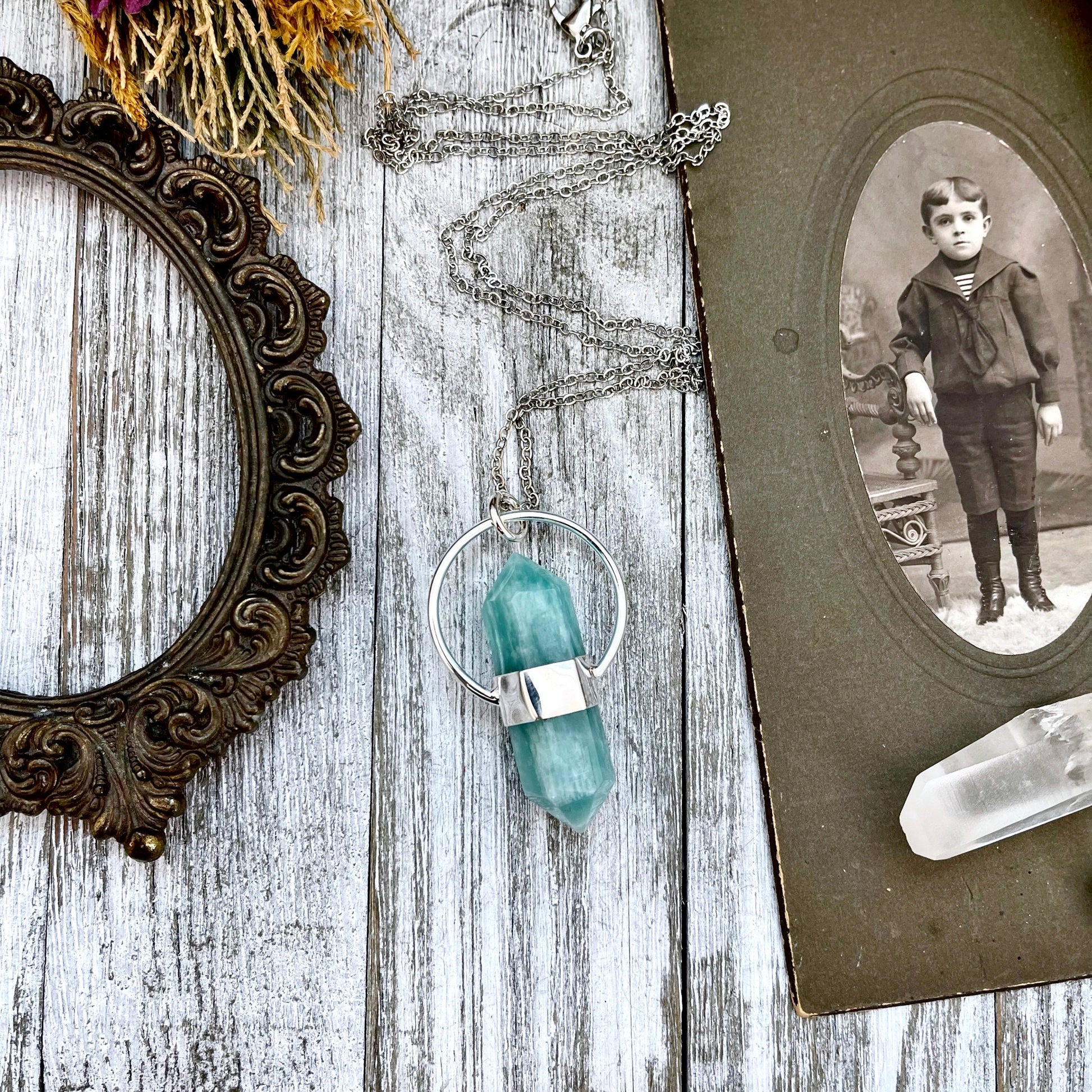 Blue Amazonite Crystal Point Necklace in Sterling Silver -Designed by FOXLARK Collection - Foxlark Crystal Jewelry