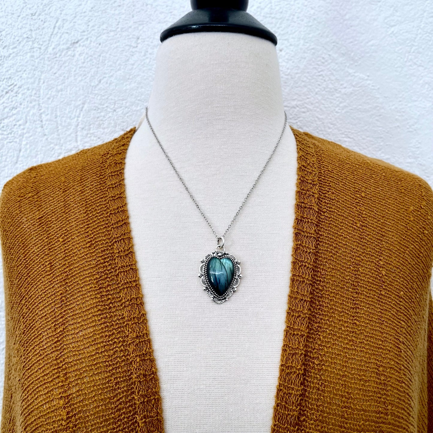 Blue Labradorite Crystal Heart Necklace in Sterling Silver -Designed by FOXLARK Collection