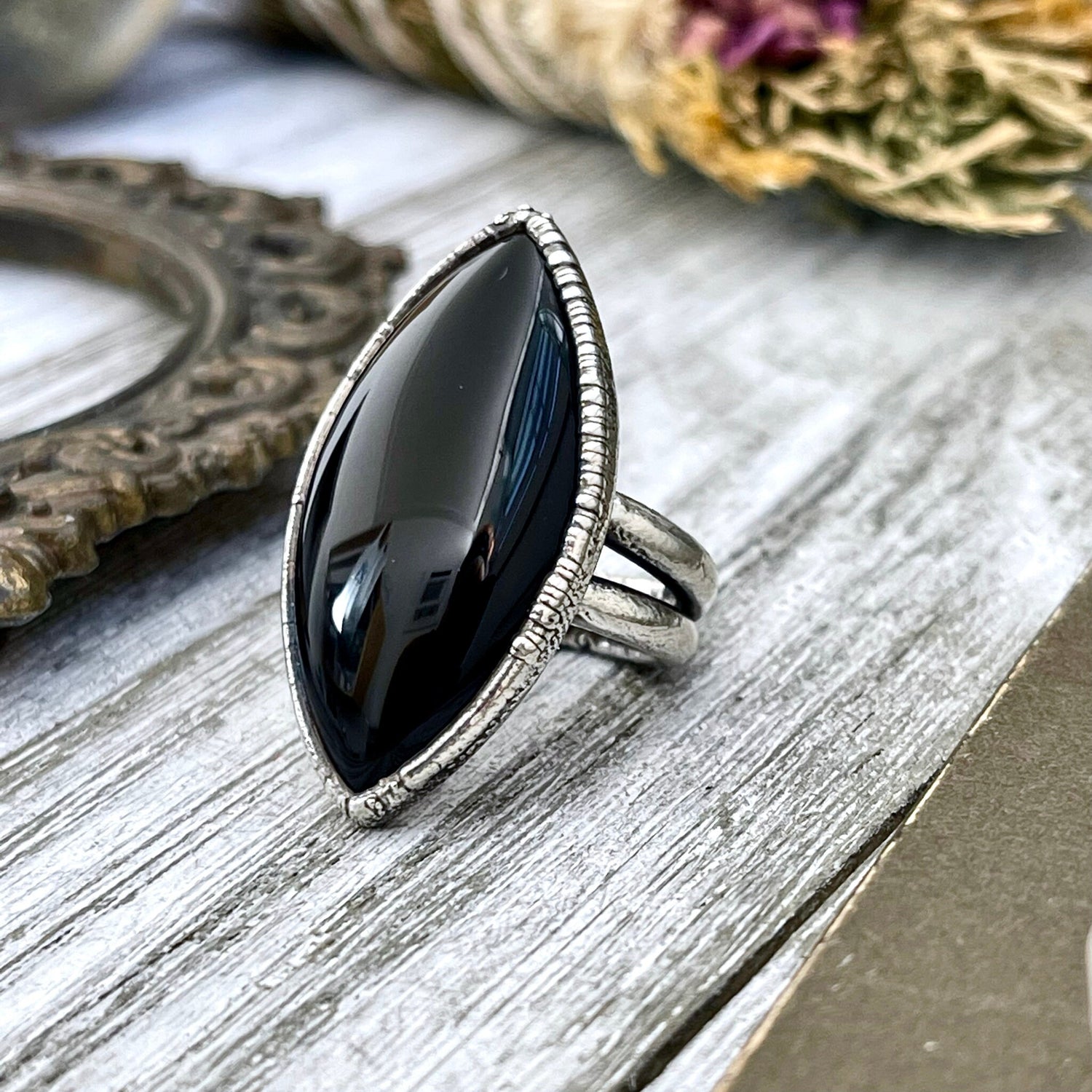 Size 5.5 Natural Black Onyx Ring in Fine Silver / Large Crystal Ring - Black Stone Ring - Silver Crystal Ring - Bohemian Jewelry
