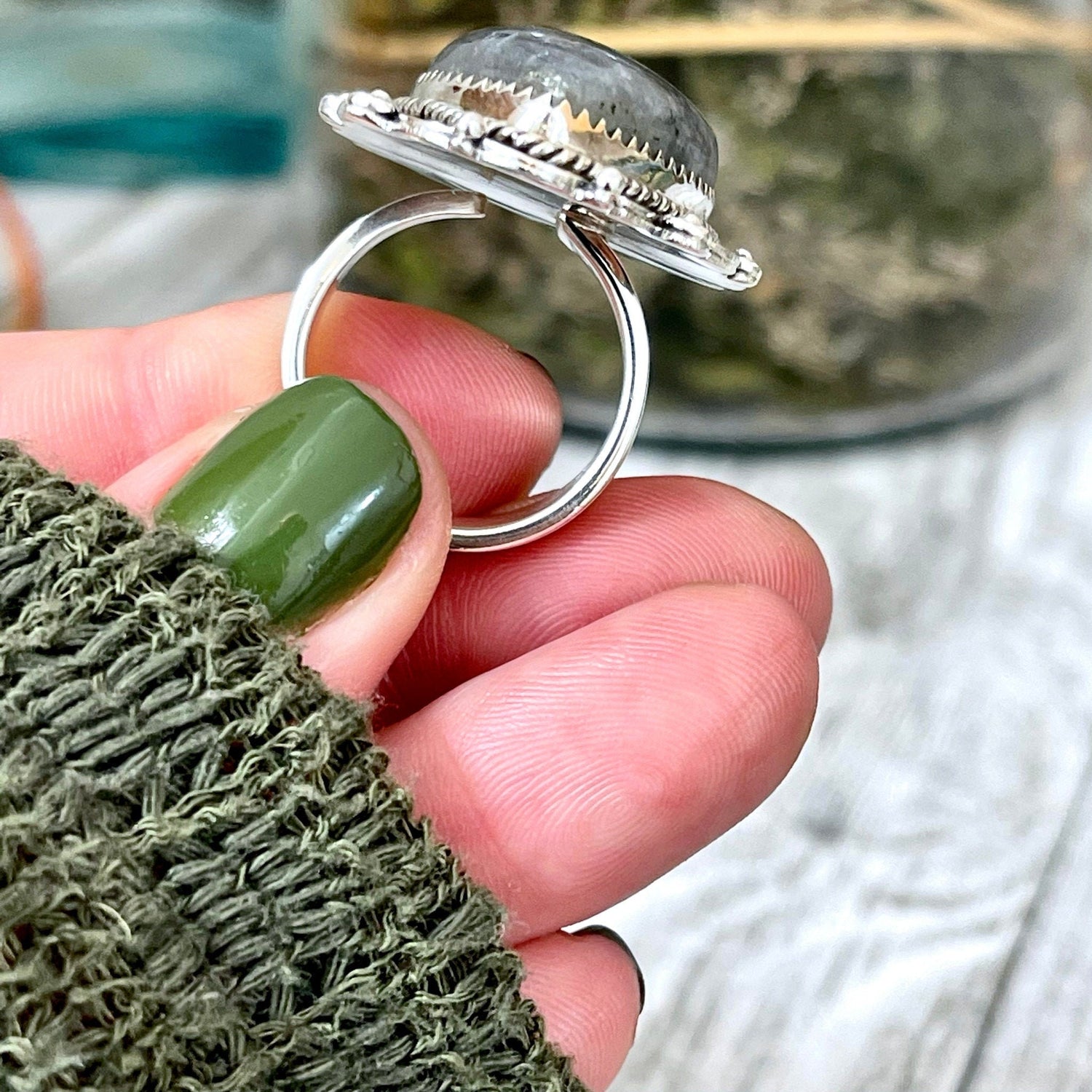 Labradorite Heart Crystal Statement Ring in Sterling Silver 925 - Adjustable - Designed by FOXLARK Collection Adjusts to Size 6,7,8,9, or 10
