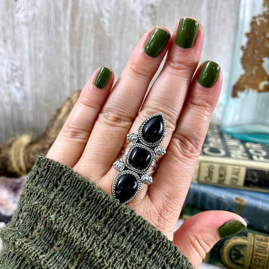 Triple Stone Black Onyx Ring in Solid Sterling Silver- Designed by FOXLARK Collection Size 5 6 7 8 9 10 11 / Big Crystal Ring Witchy Jewelry - Foxlark Crystal Jewelry