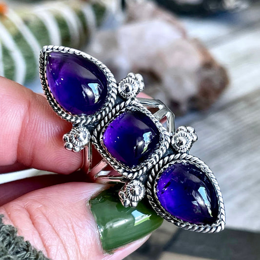 Triple Stone Purple Amethyst Ring in Solid Sterling Silver- Designed by FOXLARK Collection Size 5 6 7 8 9 10 11 / Gothic Jewelry - Foxlark Crystal Jewelry