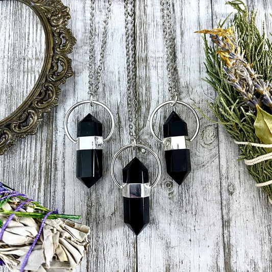 Black Onyx Crystal Point Necklace in Sterling Silver -Designed by FOXLARK Collection / Witchy Necklace Goth Jewelry - Foxlark Crystal Jewelry
