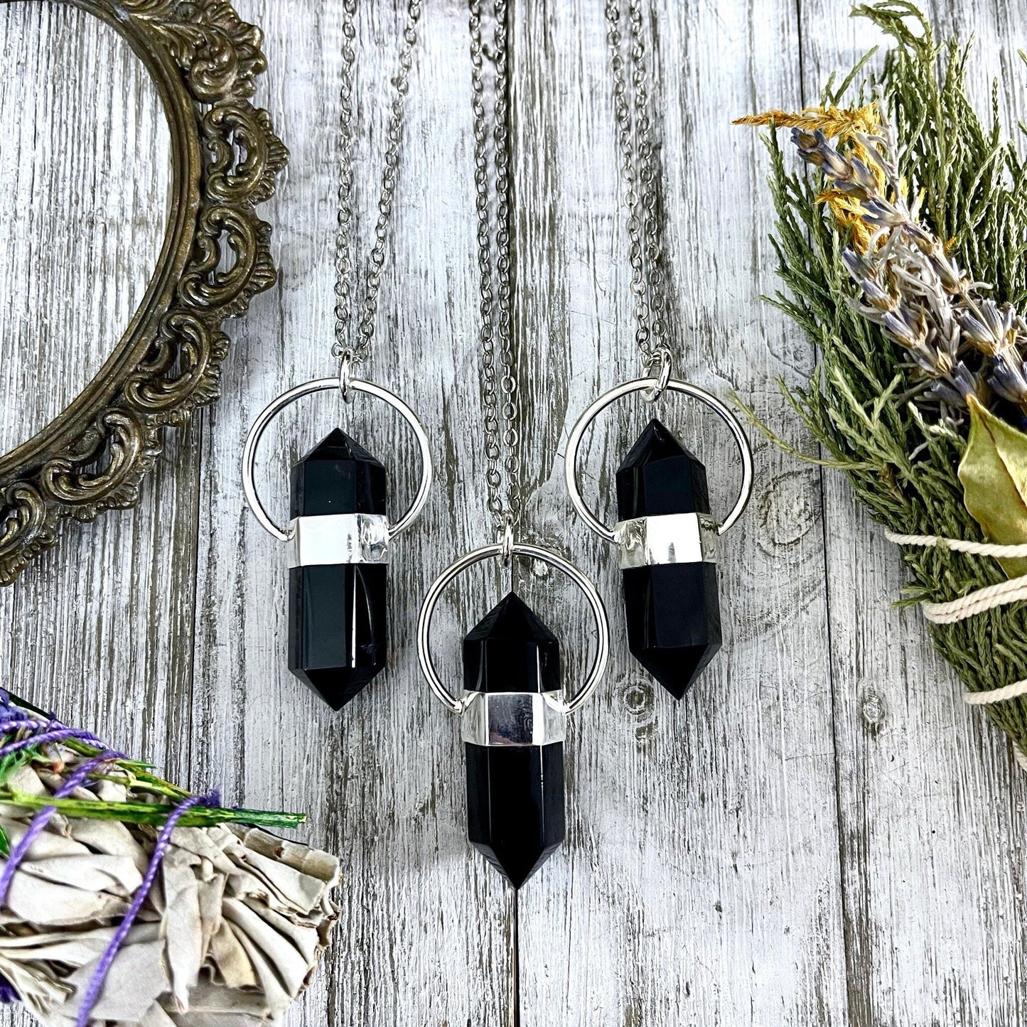 Black Onyx Crystal Point Necklace in Sterling Silver -Designed by FOXLARK Collection