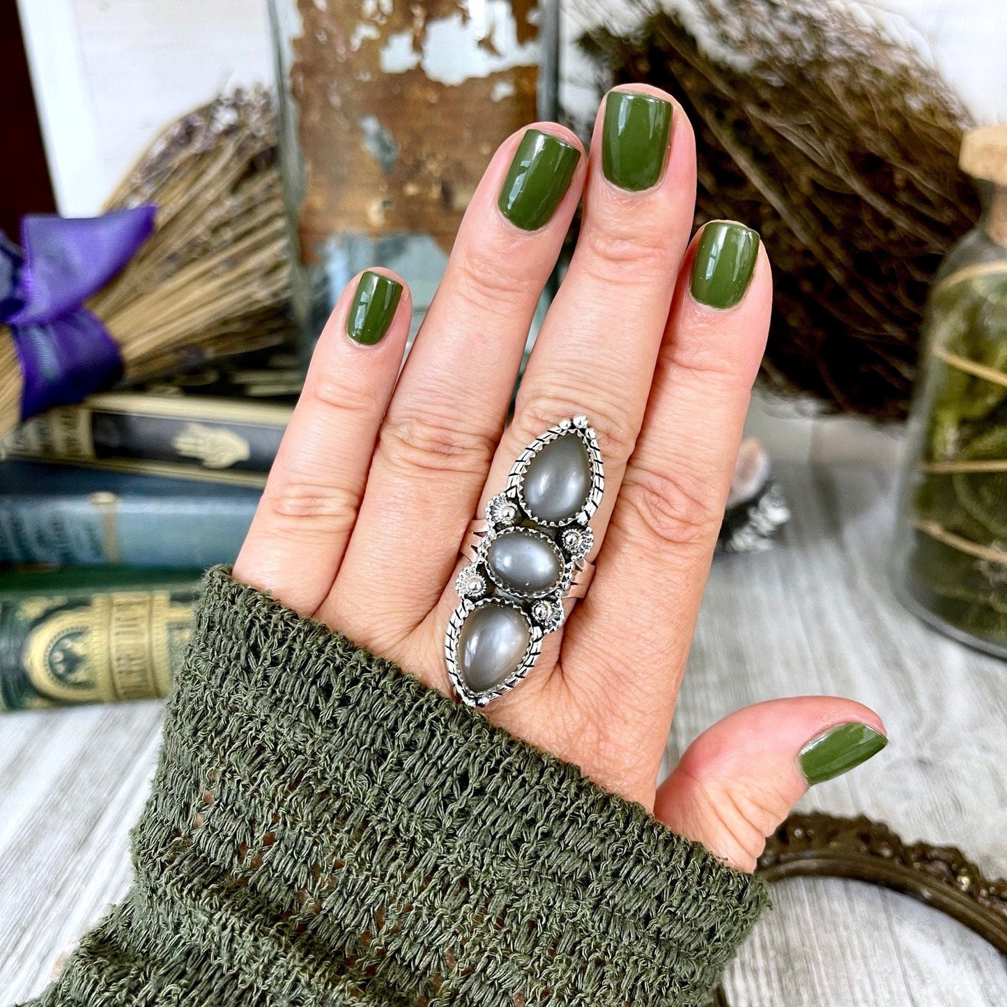 Three Stone Grey Moonstone Ring in Solid Sterling Silver- Designed by FOXLARK Collection Size 5 6 7 8 9 10 11 / Gothic Jewelry - Foxlark Crystal Jewelry