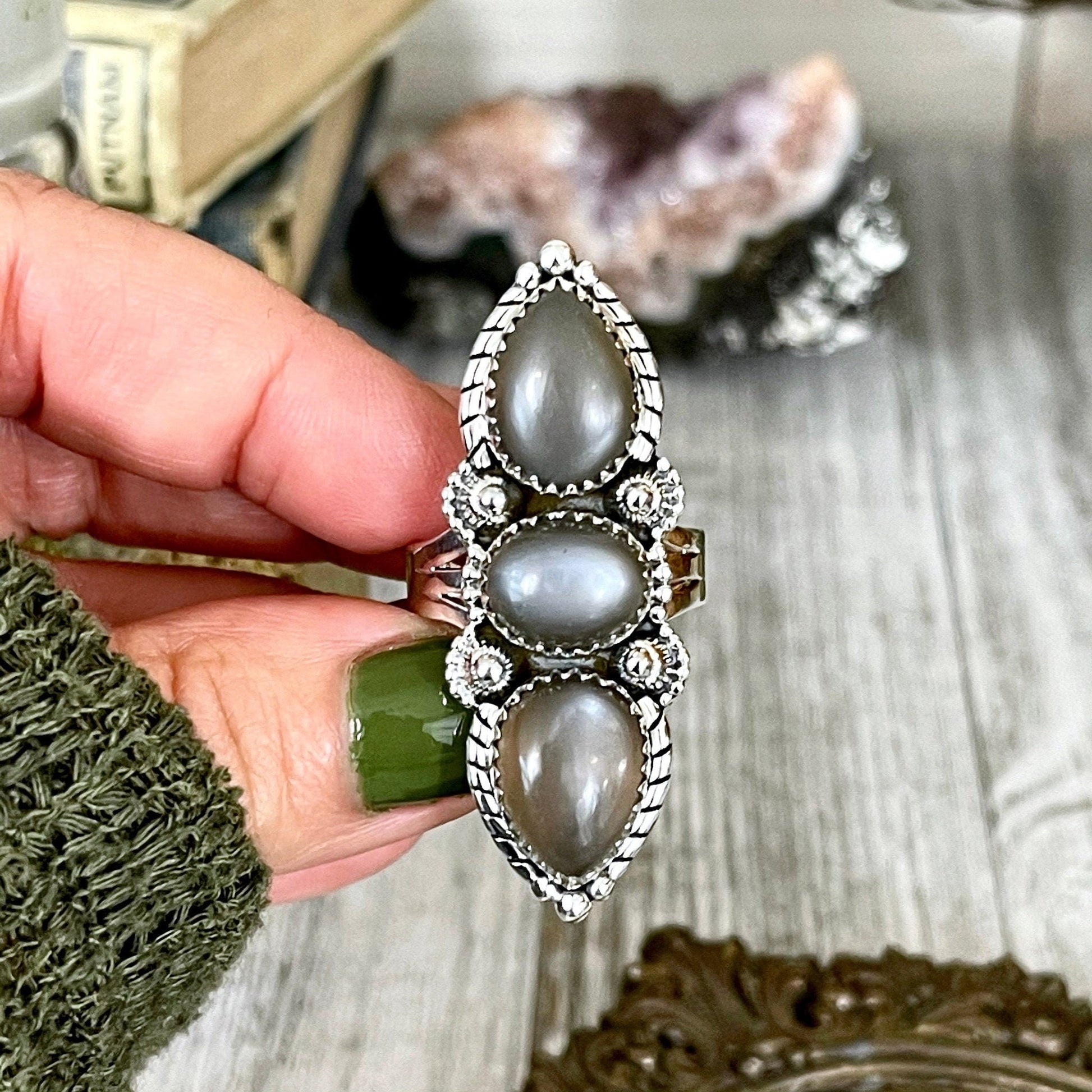 Three Stone Grey Moonstone Ring in Solid Sterling Silver- Designed by FOXLARK Collection Size 5 6 7 8 9 10 11 / Gothic Jewelry - Foxlark Crystal Jewelry