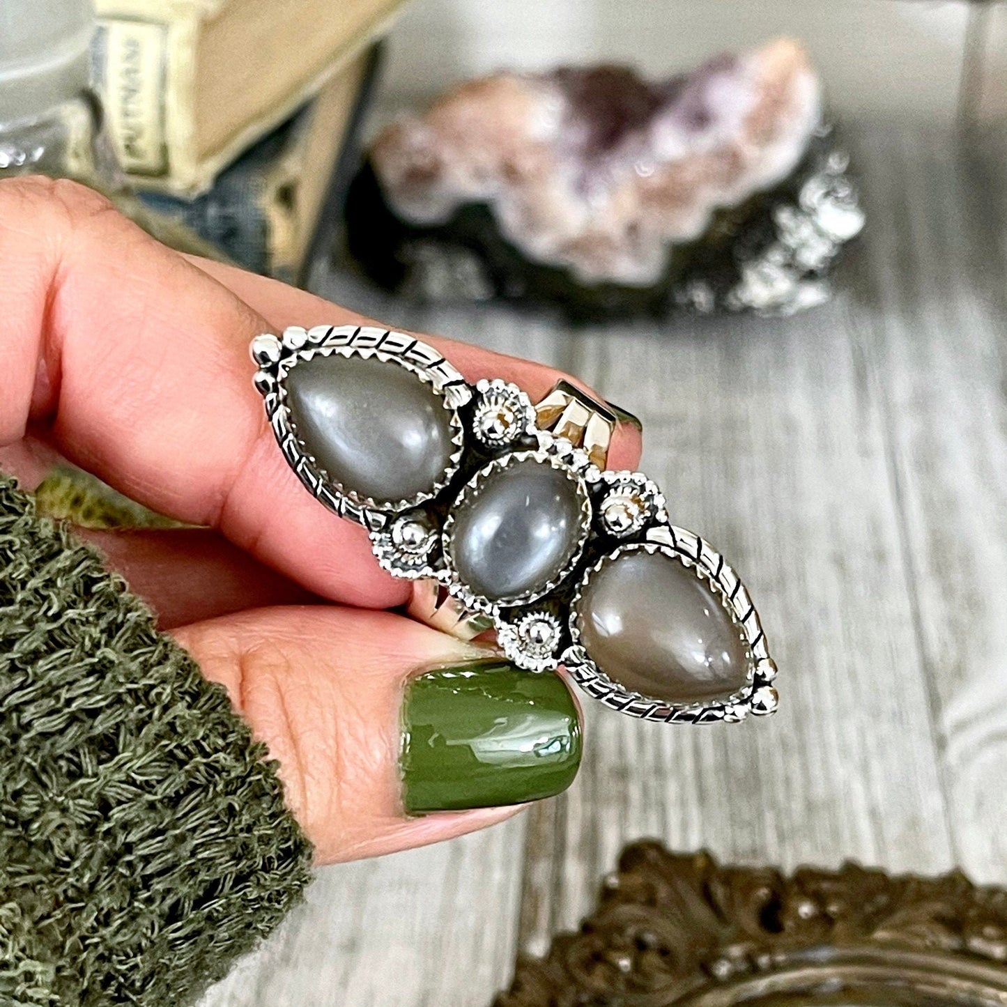 Three Stone Grey Moonstone Ring in Solid Sterling Silver- Designed by FOXLARK Collection Size 5 6 7 8 9 10 11 / Gothic Jewelry - Foxlark Crystal Jewelry