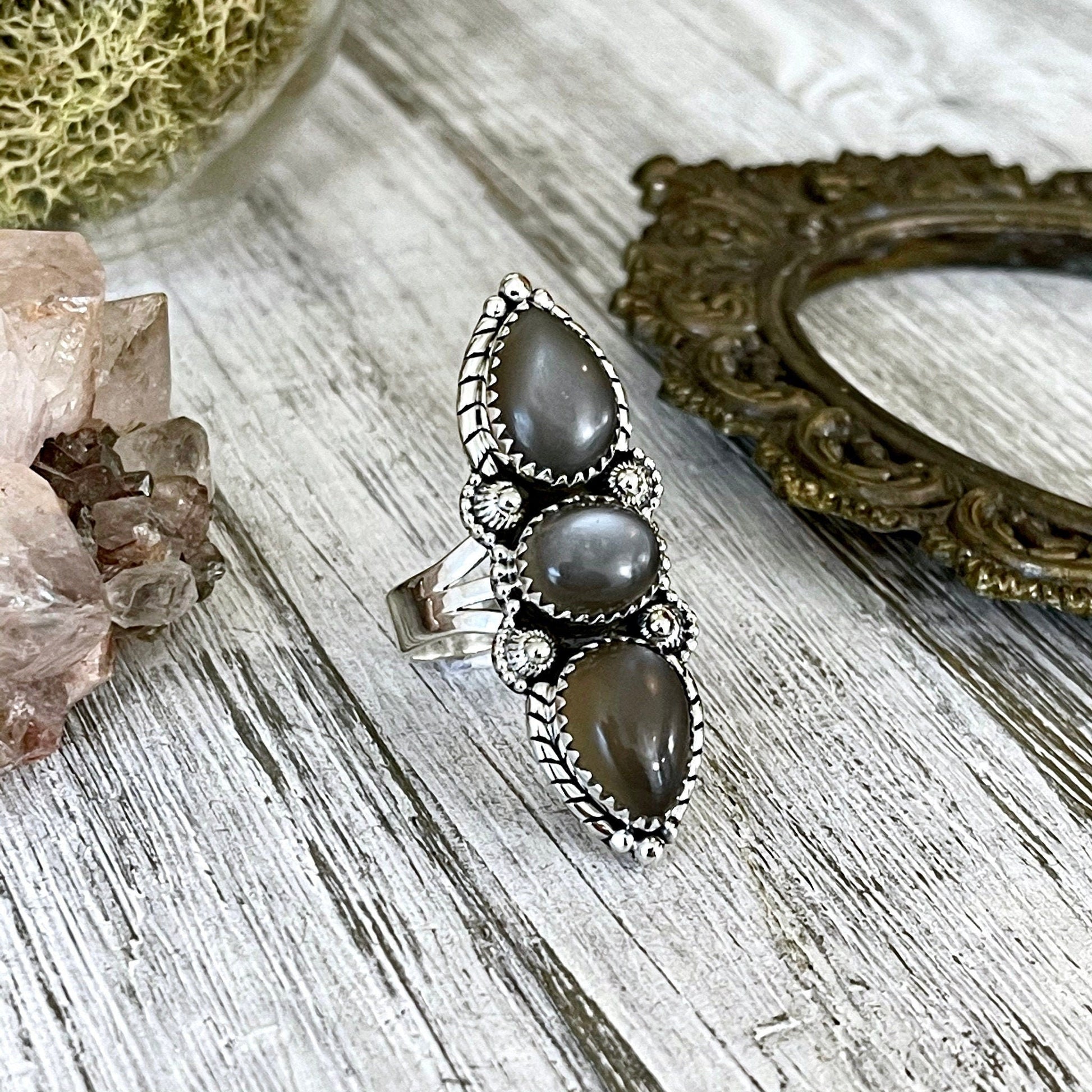 Three Stone Grey Moonstone Ring in Solid Sterling Silver- Designed by FOXLARK Collection Size 5 6 7 8 9 10 11 / Gothic Jewelry - Foxlark Crystal Jewelry