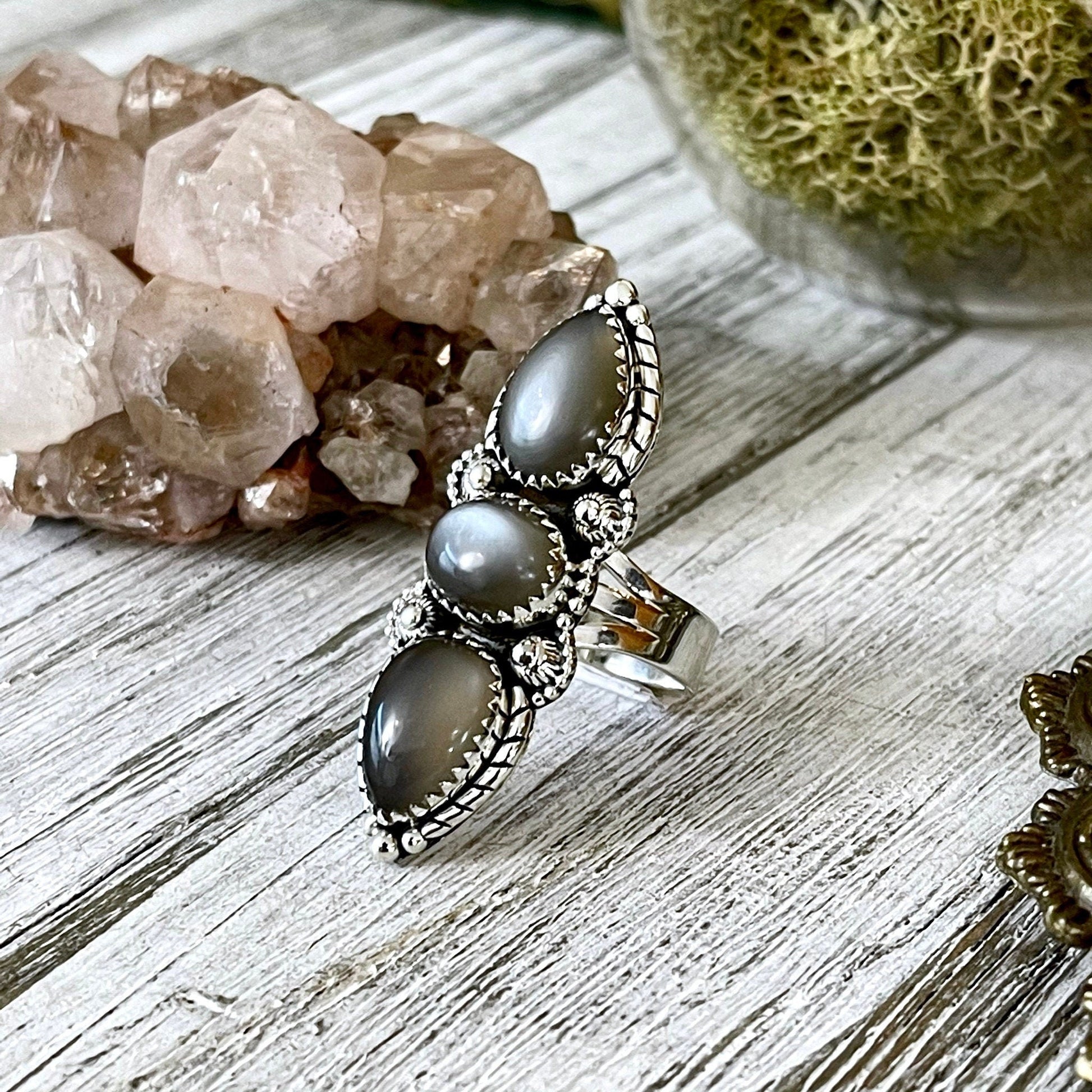 Three Stone Grey Moonstone Ring in Solid Sterling Silver- Designed by FOXLARK Collection Size 5 6 7 8 9 10 11 / Gothic Jewelry - Foxlark Crystal Jewelry