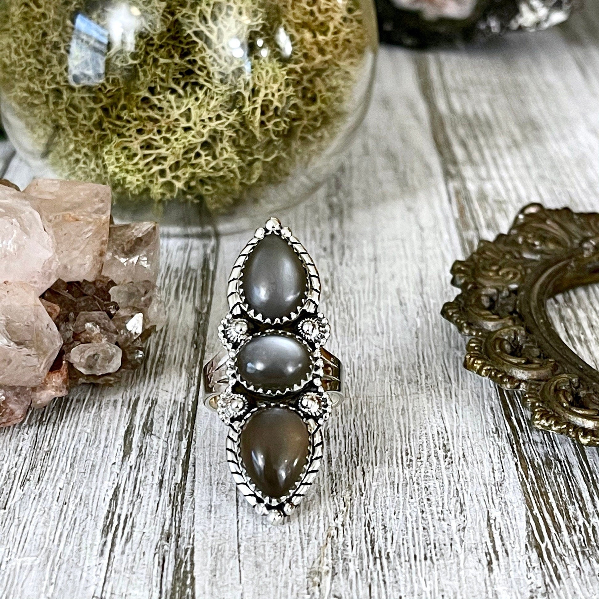 Three Stone Grey Moonstone Ring in Solid Sterling Silver- Designed by FOXLARK Collection Size 5 6 7 8 9 10 11 / Gothic Jewelry - Foxlark Crystal Jewelry