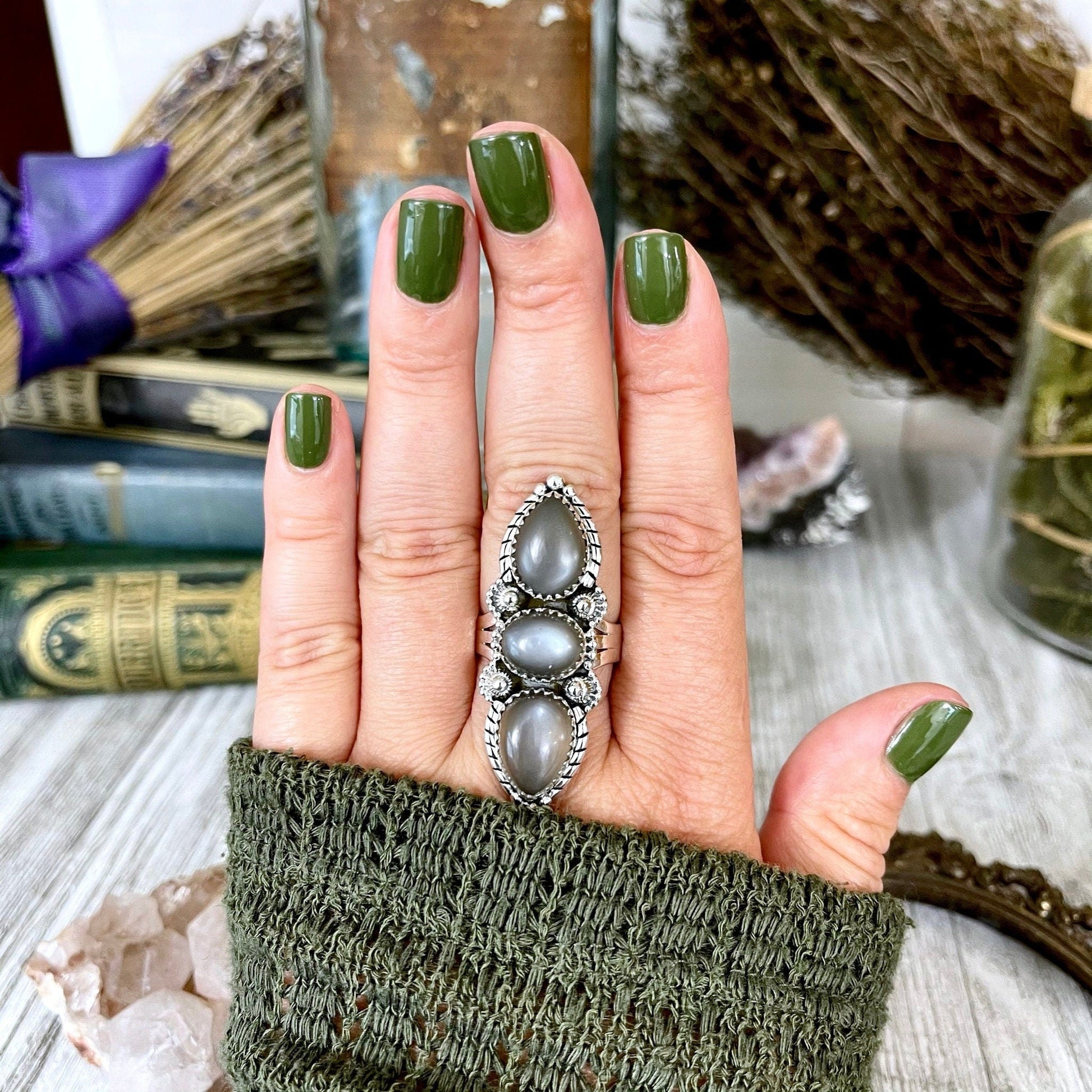 Three Stone Grey Moonstone Ring in Solid Sterling Silver- Designed by FOXLARK Collection Size 5 6 7 8 9 10 11 / Gothic Jewelry - Foxlark Crystal Jewelry