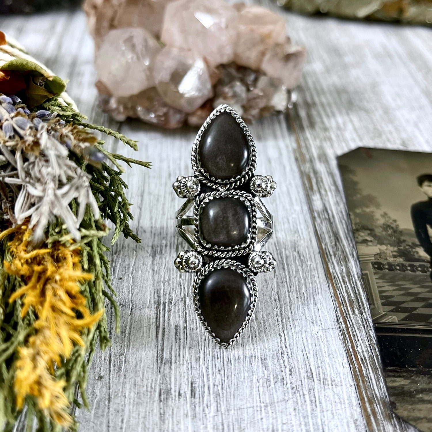 Triple Stone Silver Sheen Obsidian Ring in Solid Sterling Silver- Designed by FOXLARK Collection Size 5 6 7 8 9 10 11