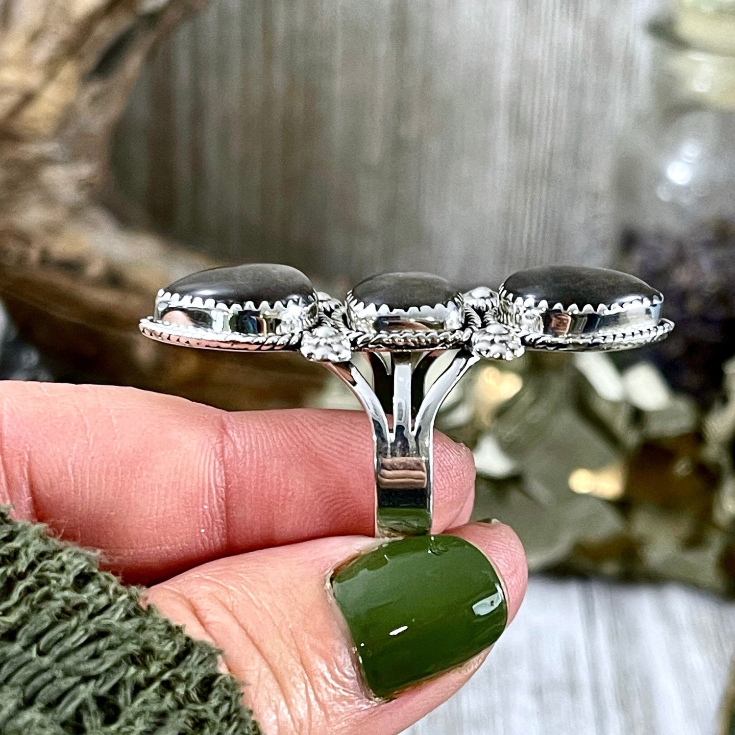 Triple Stone Silver Sheen Obsidian Ring in Solid Sterling Silver- Designed by FOXLARK Collection Size 5 6 7 8 9 10 11