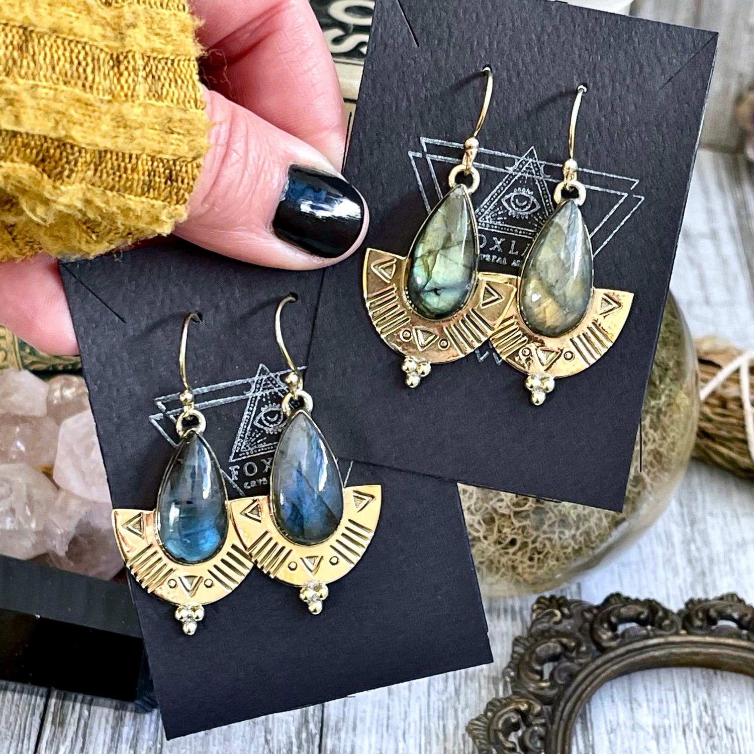 Etched Brass and Labradorite Shield Earrings