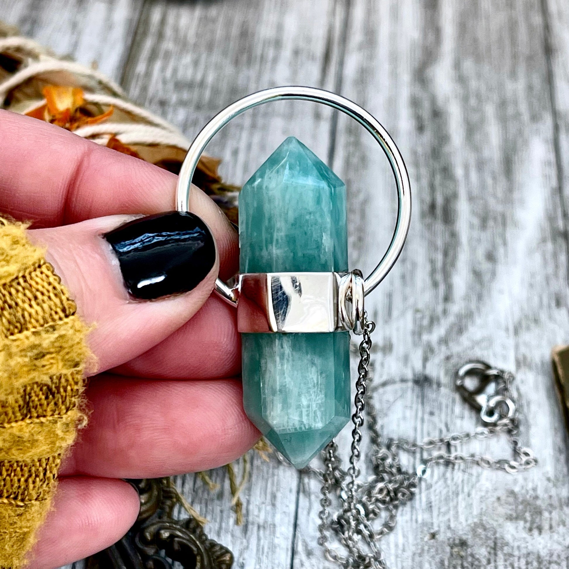 Blue Amazonite Crystal Point Necklace in Sterling Silver -Designed by FOXLARK Collection - Foxlark Crystal Jewelry